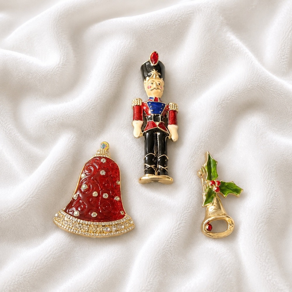Vintage Christmas Brooch Lot Nutcracker Bell Rhinestone Bell Enamel Holiday Pins